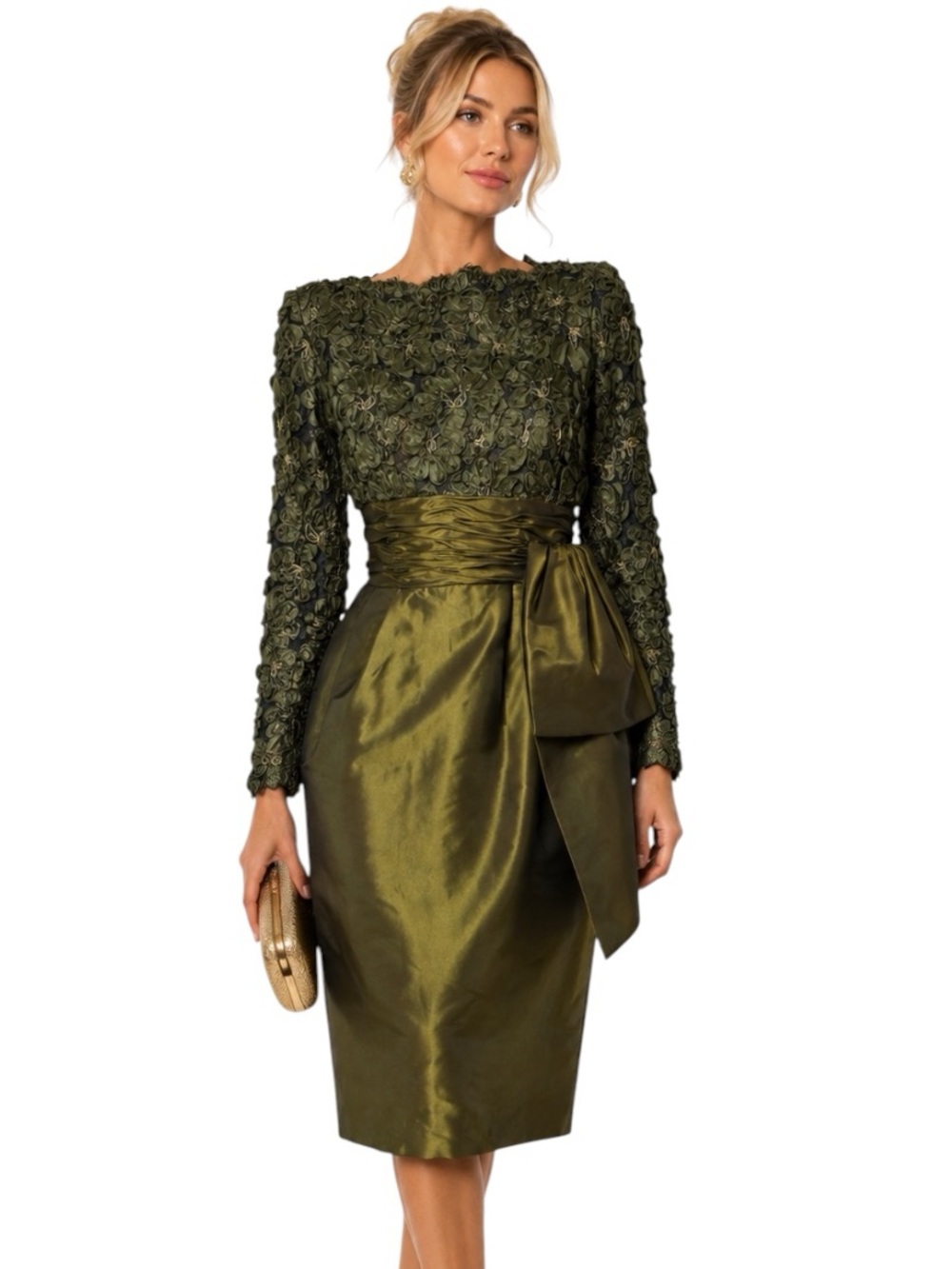 Vintage 1980s Victor Costa Iridescent Green Ribbon Lace & Taffeta Cocktail Sz 6